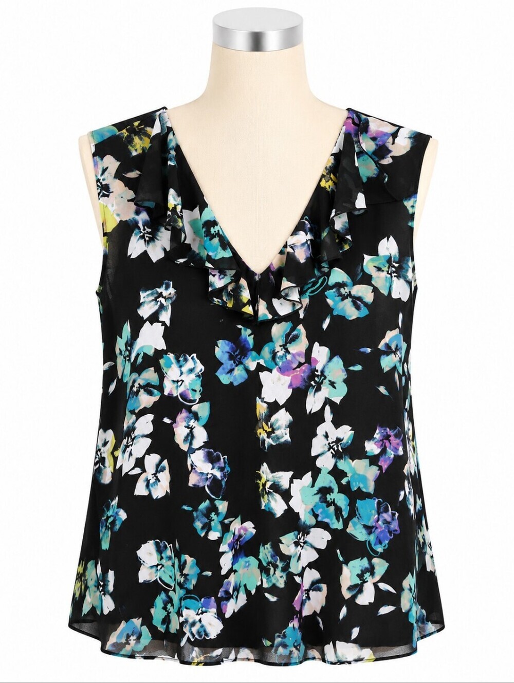 Coldwater Creek Black Floral Mesh Ruffle V-Neck Tank Top Sz 1X Casual Career